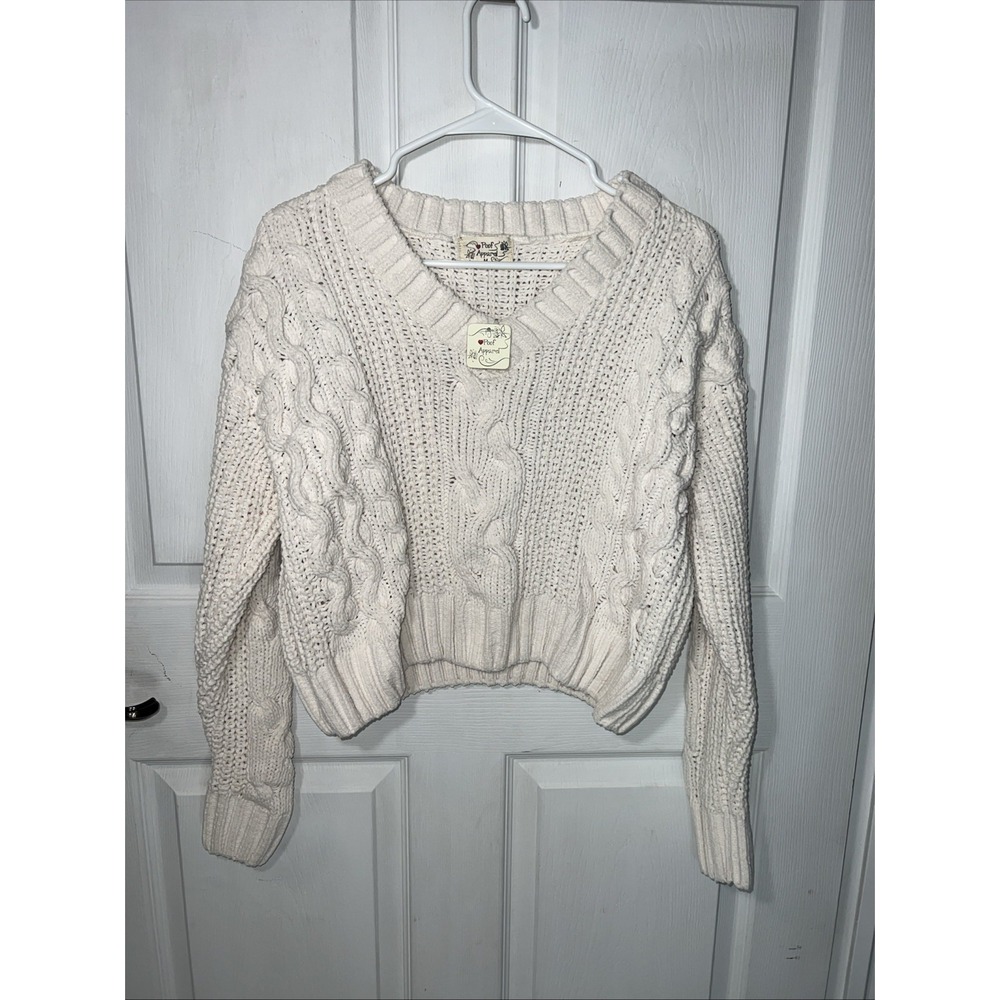 Proof Apparel Chunky Cable Knit Ivory Sweater V-neck Women's Size Medium-New - Picture 2 of 8